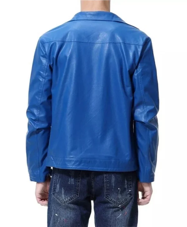 Mens Electric Blue Leather Biker Jacket Back