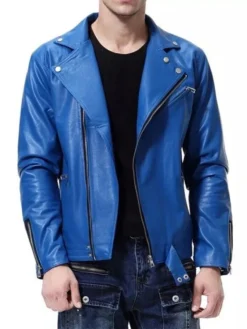 Mens Electric Blue Leather Biker Jacket Main