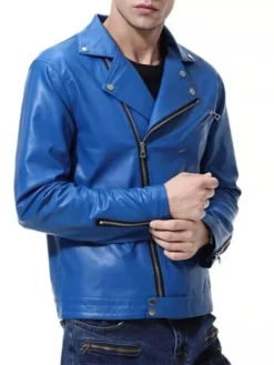 Mens Electric Blue Leather Biker Jacket Zipper Cuffs