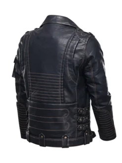 Mens Genuine Cowhide Leather Biker Jacket Black Back