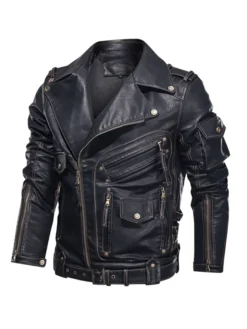 Mens Genuine Cowhide Leather Biker Jacket Black Main