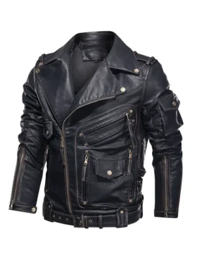 Mens Genuine Cowhide Leather Biker Jacket Black Main