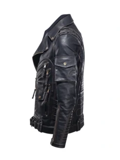 Mens Genuine Cowhide Leather Biker Jacket Black Side