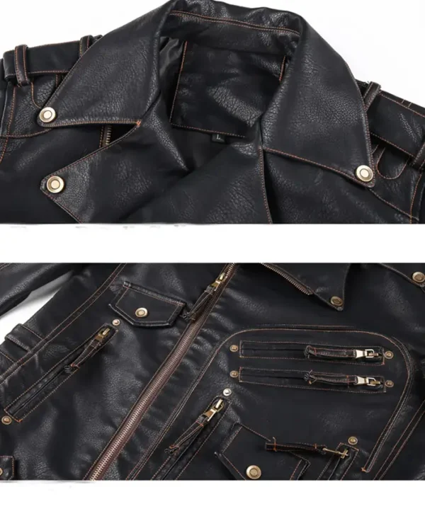 Mens Genuine Cowhide Leather Biker Jacket Black Style