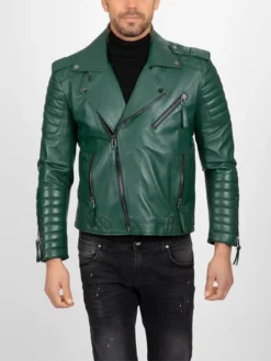 Mens Green Leather Biker Jacket