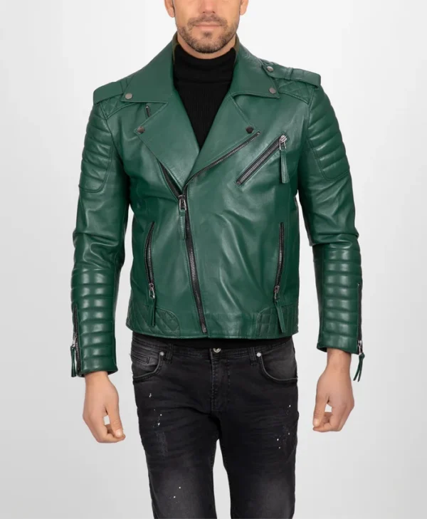 Mens Green Leather Biker Jacket
