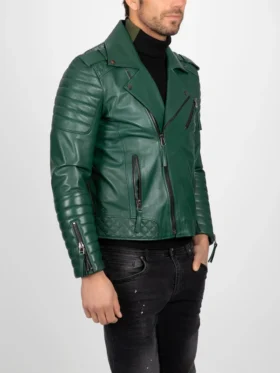 Mens Green Leather Biker Jacket Left Side