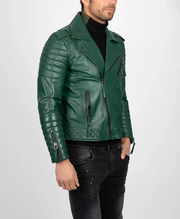 Mens Green Leather Biker Jacket Left Side