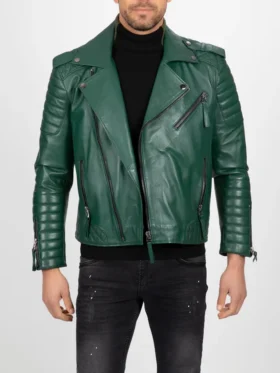 Mens Green Leather Biker Jacket Main