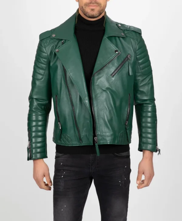 Mens Green Leather Biker Jacket Main