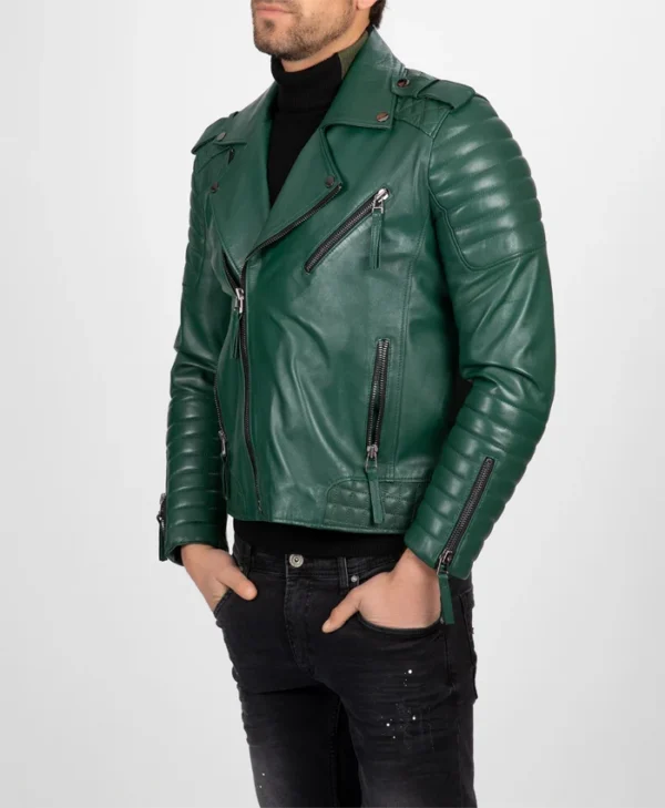 Mens Green Leather Biker Jacket Right