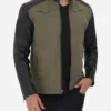 Mens Green Suede Biker Jacket With Quilted Black Shoulder 1