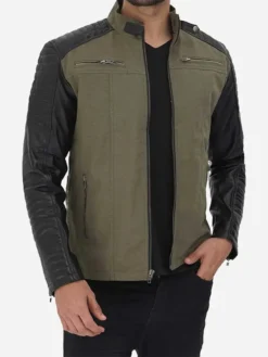 Mens Green Suede Biker Jacket With Quilted Black Shoulder 1