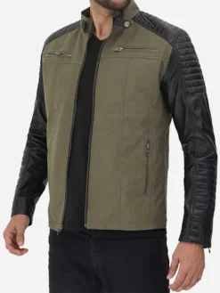 Mens Green Suede Biker Jacket With Quilted Black Shoulder Main