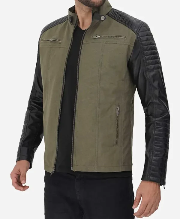 Mens Green Suede Biker Jacket With Quilted Black Shoulder Main