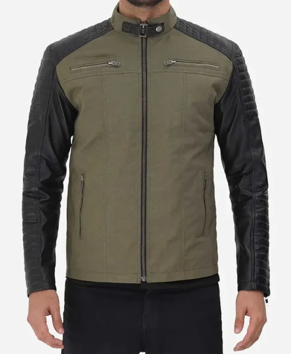 Mens Green Suede Biker Jacket With Quilted Black Shoulder Snap