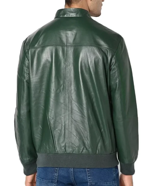 Mens Olive Green Leather jacket Back