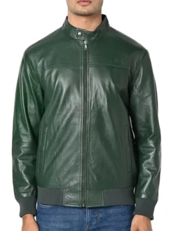 Mens Olive Green Leather jacket Front