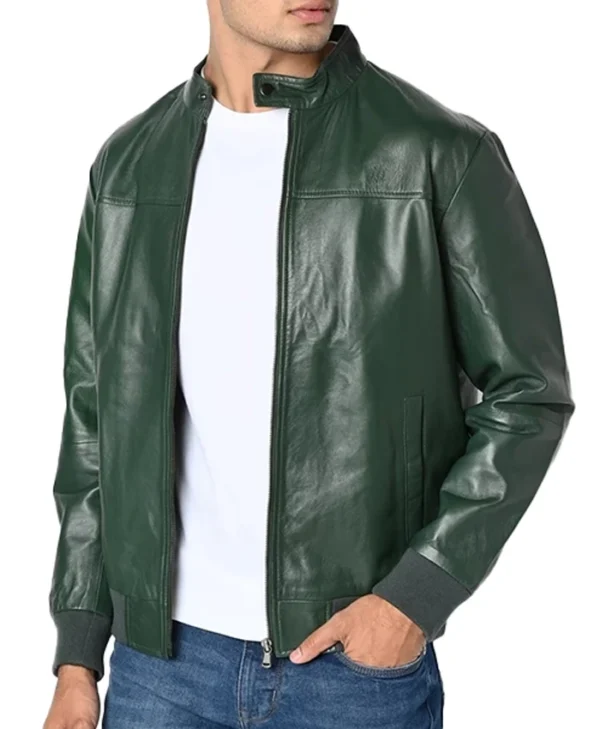 Mens Olive Green Leather jacket Main