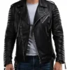 Mens Quilted Black Leather Biker Jacket