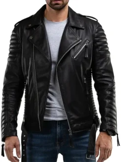 Mens Quilted Black Leather Biker Jacket