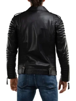 Mens Quilted Black Leather Biker Jacket Back