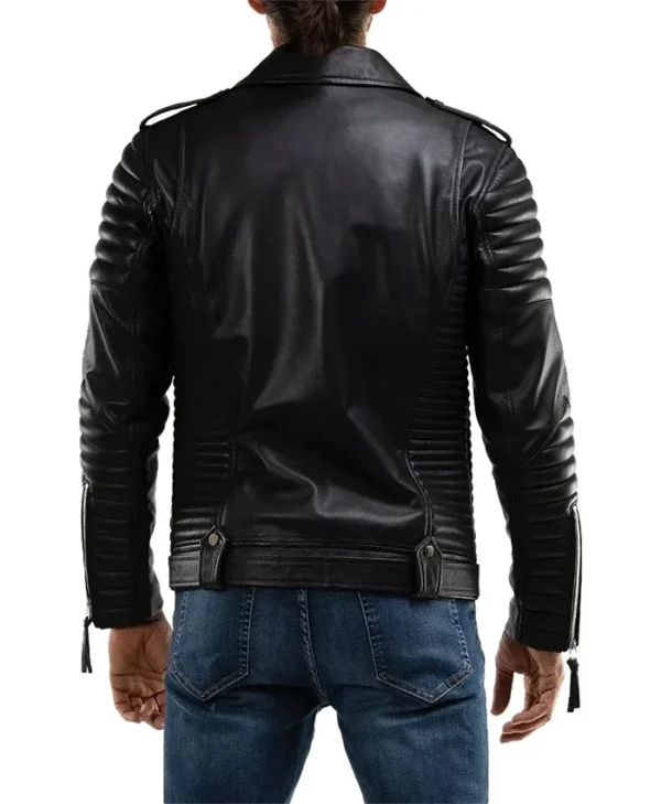 Mens Quilted Black Leather Biker Jacket Back