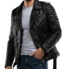 Mens Quilted Black Leather Biker Jacket Pocket