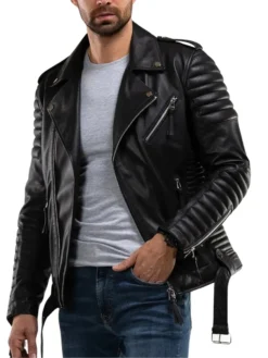 Mens Quilted Black Leather Biker Jacket Pocket