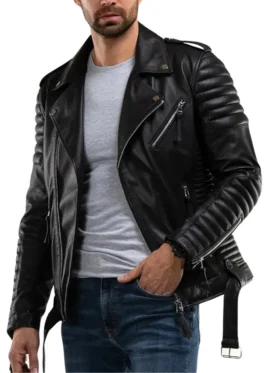 Men’s Quilted Black Leather Biker Jacket Pocket