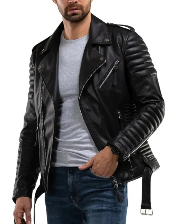 Mens Quilted Black Leather Biker Jacket Pocket