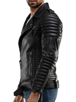 Mens Quilted Black Leather Biker Jacket Right