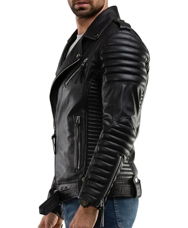 Mens Quilted Black Leather Biker Jacket Right