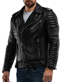Mens Quilted Black Leather Biker Jacket Zipper