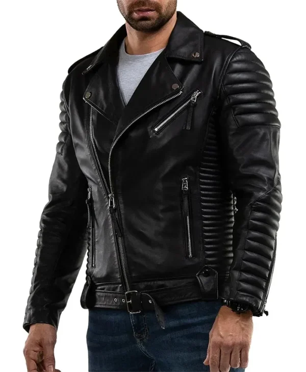 Mens Quilted Black Leather Biker Jacket Zipper