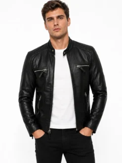 Buy Men’s Quilted Black Leather Cafe Racer Jacket For Sale