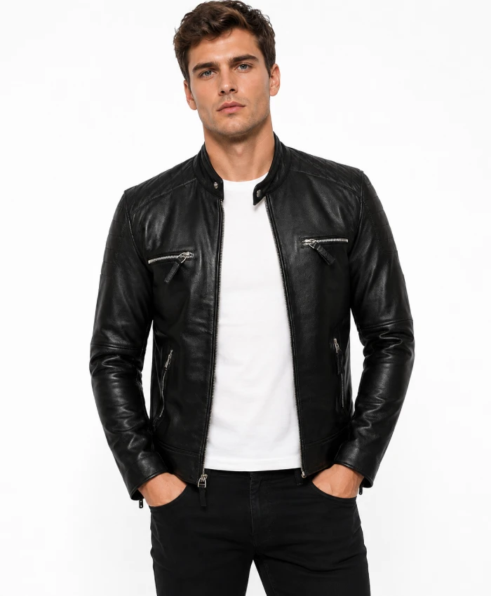 Buy Men’s Quilted Black Leather Cafe Racer Jacket For Sale