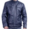 Mens Quilted Blue Cafe Racer Leather Jacket
