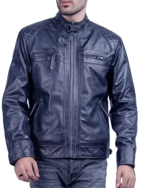 Mens Quilted Blue Cafe Racer Leather Jacket