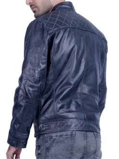 Mens Quilted Blue Cafe Racer Leather Jacket Back