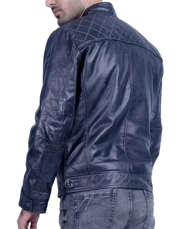 Mens Quilted Blue Cafe Racer Leather Jacket Back