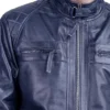 Mens Quilted Blue Cafe Racer Leather Jacket Collar