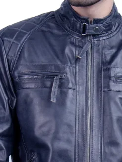 Mens Quilted Blue Cafe Racer Leather Jacket Collar