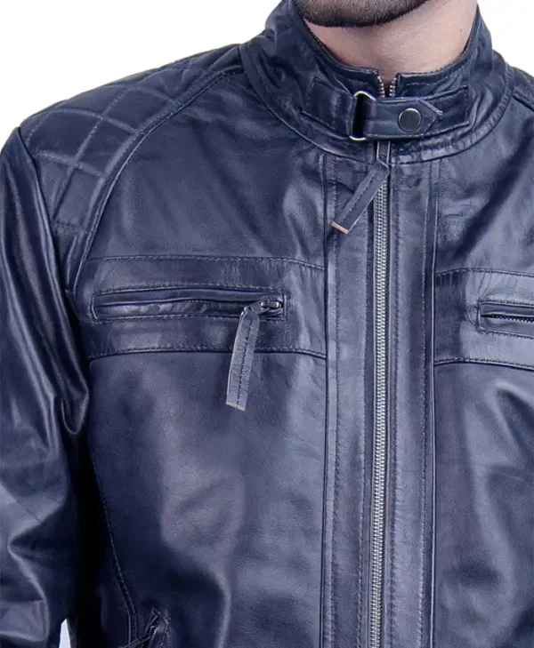 Mens Quilted Blue Cafe Racer Leather Jacket Collar