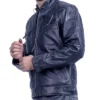 Mens Quilted Blue Cafe Racer Leather Jacket Cuffs