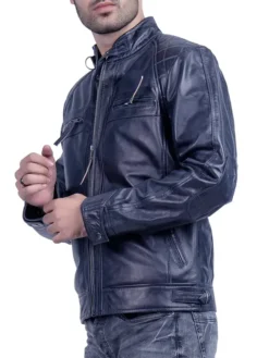 Mens Quilted Blue Cafe Racer Leather Jacket Cuffs