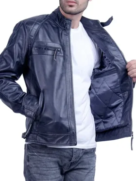 Mens Quilted Blue Cafe Racer Leather Jacket Inner
