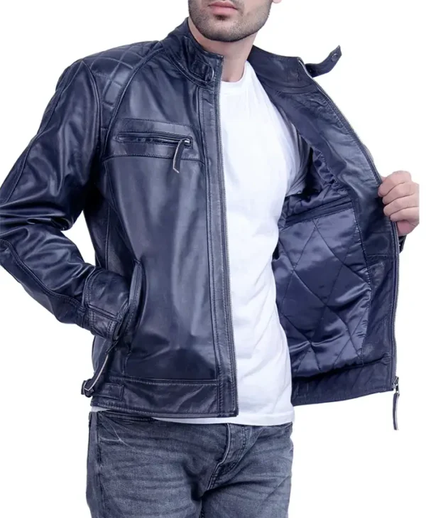 Mens Quilted Blue Cafe Racer Leather Jacket Inner