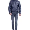 Mens Quilted Blue Cafe Racer Leather Jacket Stand Up
