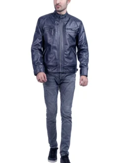 Mens Quilted Blue Cafe Racer Leather Jacket Stand Up
